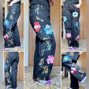 Wide Leg Floral Upcycled Patchwork Denim
